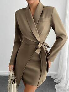 EURMUSE 女式棕色长袖束带西装外套和半身裙套装，前裹式 - 棕色 - 查看 2