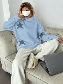 EURMUSE Women's High Neck Sweater With Star Pattern - Baby Blue - View 4