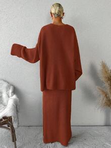EURMUSE 2件組女款休閒純色寬鬆毛衣與迷你裙套裝，秋冬度假旅行，鐵鏽橘色 - 鏽棕色 - 查看 2