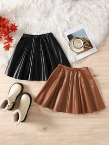 SHEIN Set de 2 faldas acampanadas de piel sintética (PU) para niña preadolescente y niña pequeña, adecuadas para uso diario casual