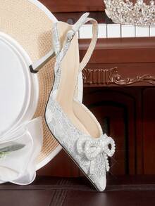 CUCCOO HITCHD Giày cao gót mũi nhọn đính nơ pha lê thời trang thanh lịch dành cho nữ - Bạc - Xem 13
