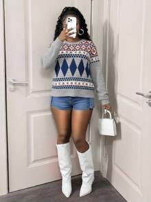 BamGleam Women's Grey Sweaters,Knitted Long Sleeves Colorful Geometric Patterns Loose Casual Autumn Occasion Vacation Travel Leisure Parties Women's Clothing - Grey - View 5