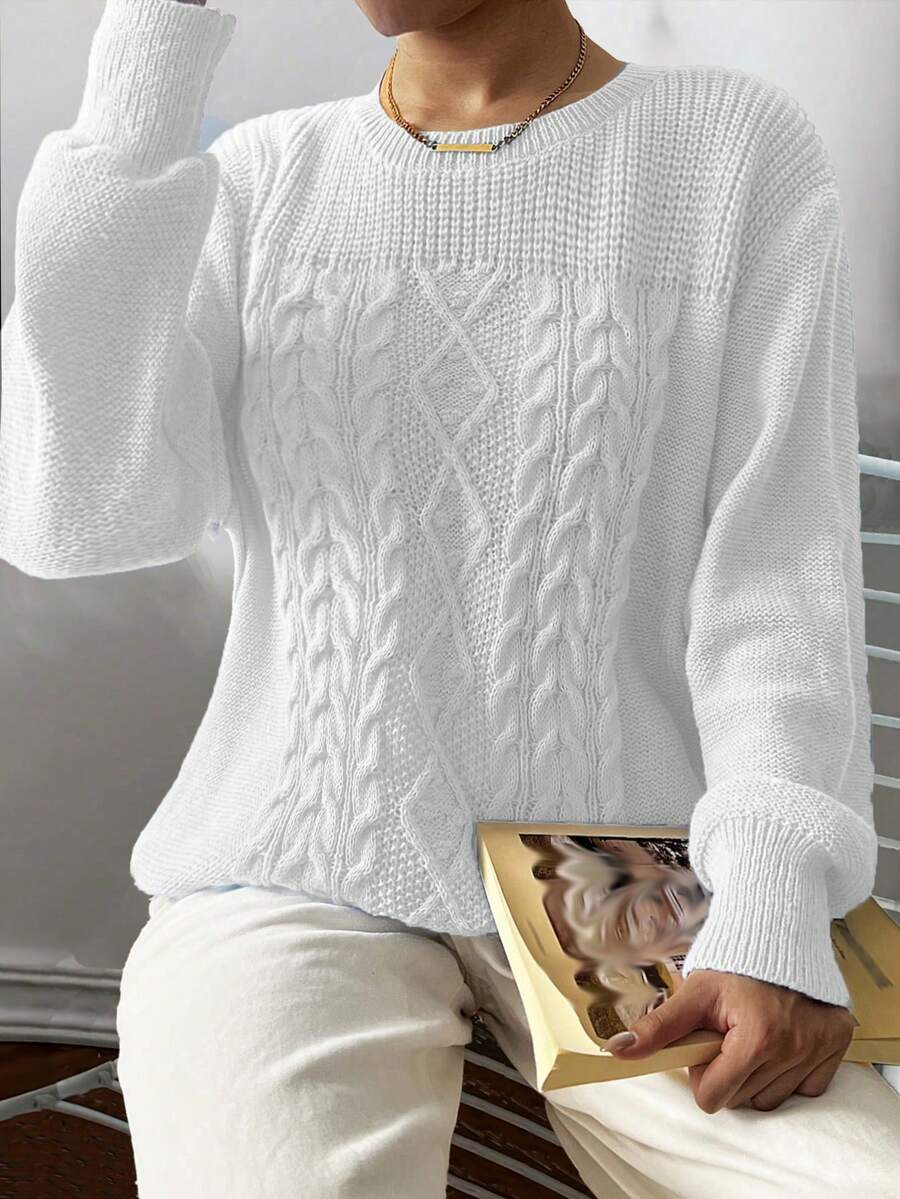 EMERY ROSE Plus Size Women Casual Solid Color Crew Neck Pullover Sweater - White - View 1