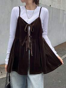 FRIFUL 女士纯棕色丝绒吊带背心，抽绳设计，宽松休闲百搭，秋冬款 - 棕色 - 查看 1