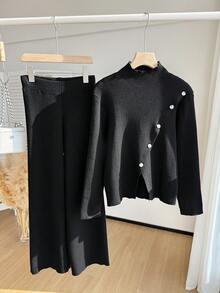 2 件套女士时尚休闲高领短款毛衣和阔腿裤针织套装，温暖舒适，罗纹基本款黑色服装，适合居家、旅行、秋冬 - 黑色 - 查看 6