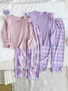 Set de 4 pijamale pentru fete preadolescente, cu mâneci lungi și volane, include bluză cu mâneci fluturate și pantaloni drepți în carouri, pijamale - Violet - Vizualizare 1