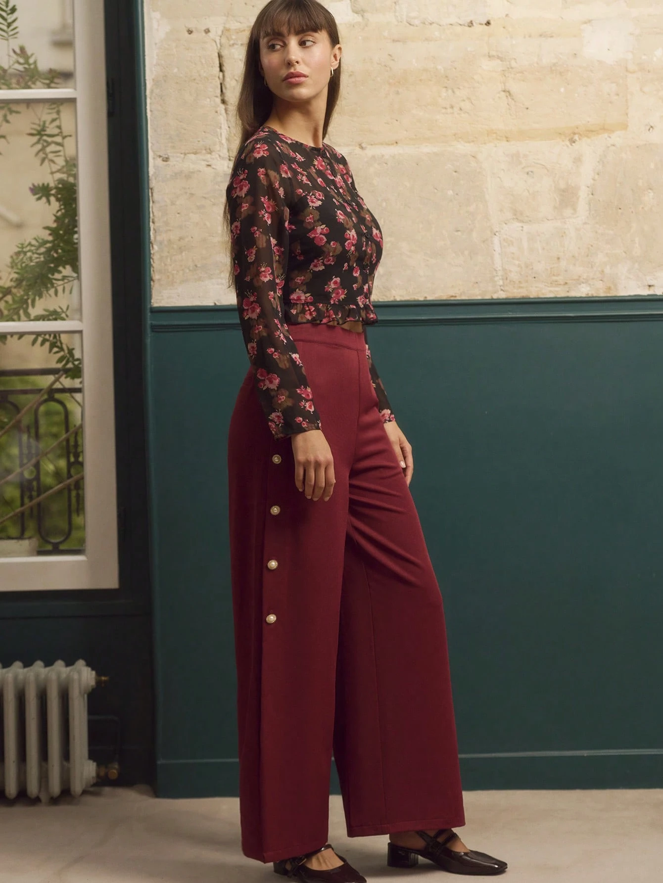 High-Waisted Wide-Leg Burgundy Pants With Gold Side Buttons And Adjustable Slits, Chic Fall-Winter Business Casual Pants Office Outfits
