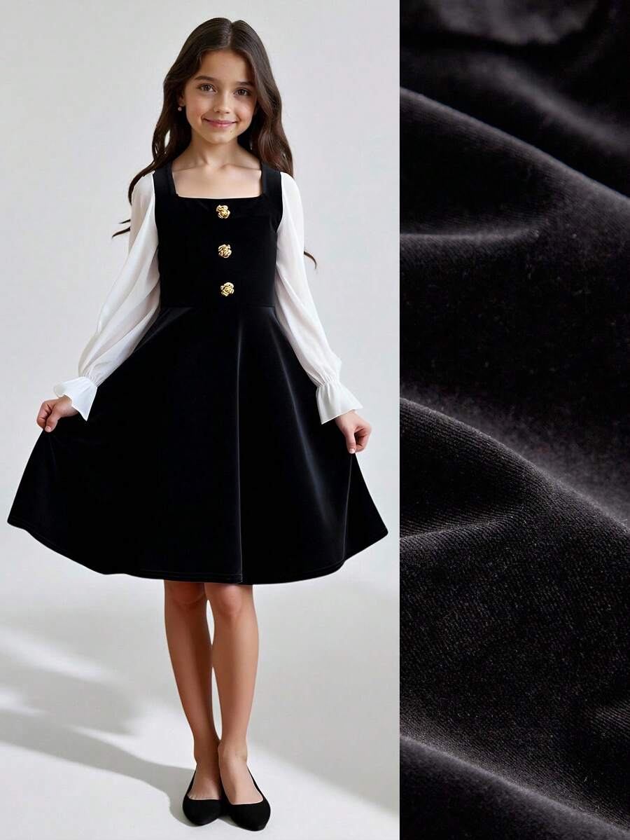 Tween Girl Knit Velvet & Chiffon Color Block Elegant Dress Fall Winter