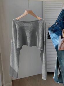 Comfortcana Áo cánh tay dài rộng thùng thình màu xám trễ vai cho nữ cỡ lớn - Xám - Xem 2