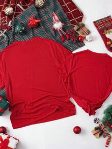 SHEIN EZwear Casual Loose Round Neck Short Sleeve Women T-Shirt, Suitable For Summer Christmas,Christmas,Red Top Graphic