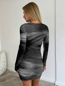 Aloruh Đầm ôm sát tay dài cổ tròn họa tiết vẽ mực đơn giản dành cho nữ, màu trơn, thu/đông - Màu xám đen - Xem 3