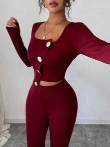 Elenzga 女士优雅办公室通勤下午茶派对不对称下摆长袖西装外套和松紧腰裤两件套西装套装，秋冬 - 酒紅色 - 查看 3