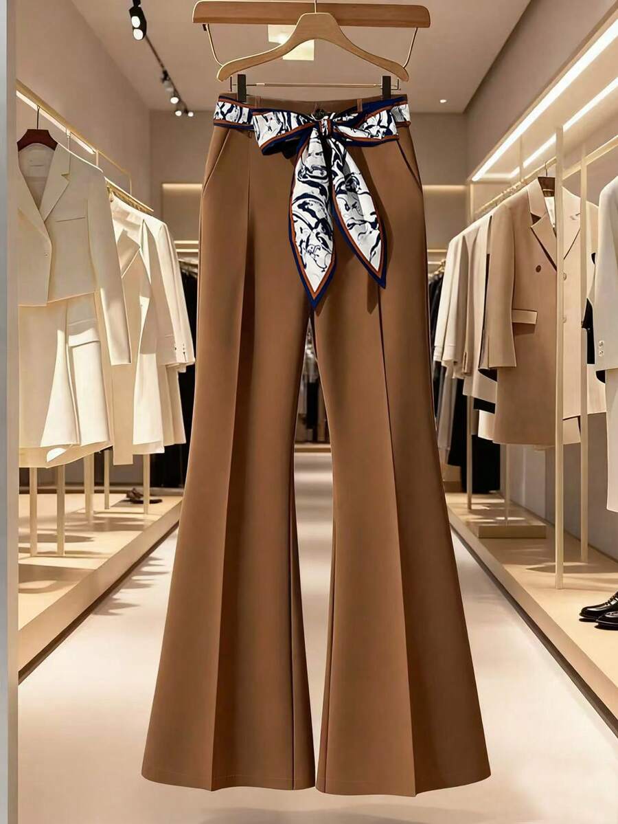 Franclia 休闲时尚高腰阔腿西装裤，女士 - 棕色 - 查看 1