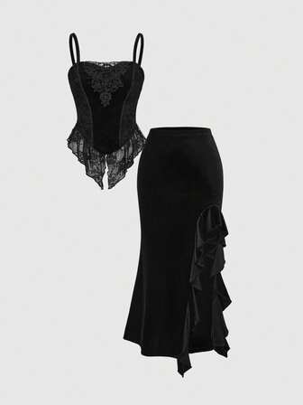 Goth توب كامي مزين بالدانتيل مع تباين الفيلفت مقترن مع تنورة ذيل السمكة لليلة هالوين الداكنة