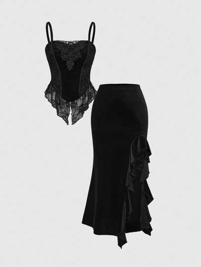Goth Débardeur en velours contrasté avec dentelle pour Halloween, assorti à une jupe sirène