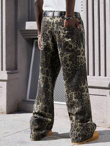 ROMWE MEN Street Life Men's Street Fashion Diamond Leopard Print Rhinestone Embellished Jeans - Brown - View 2