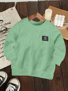 SHEIN Playful Pals 1pc Baby Boy Casual Letter Applique Knit Diamond Jacquard Pattern Crew Neck Sweatshirt, Comfortable Everyday Wear, Autumn/Winter, Family Matching Outfits Mommy And Me (3 Pieces Sold Separately) - Green - View 3