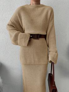 EURMUSE 2pcs Women Solid Color Long Sweater Top And Mini Skirt Set - Camel - View 5