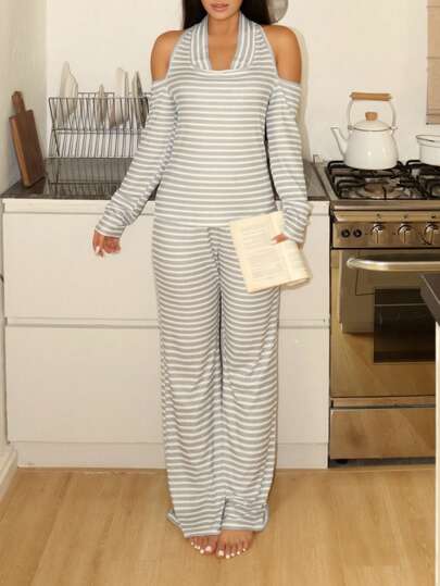 Lowkey Lull Women's Casual Ins Tight Scoop Neck Cold Shoulder Backless Comfortable Striped Print Loungewear Set