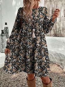 EMERY ROSE 休闲简约碎花图案宽松圆领大码连衣裙，适合秋冬季 - 彩色 - 查看 4