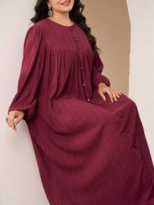 Veilorie Plus Size Solid Color Round Neck Front Button Elegant Long Sleeve Dress - Burgundy - View 3