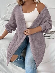 SHEIN LUNE Suéter tipo cardigan versátil y casual de unicolor con cuello en V y hombros caídos para mujer de talla grande, otoño/invierno