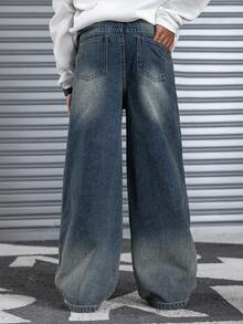 SHEIN Teen Boy Fashion Casual Vintage Designed Wash Water Blue Loose Straight Leg Jeans Boys Cool Outfit/Boys Thanksgiving Outfit For Boys Costume Dailywear And Fall/Winter Teen Boy Clothes Baggy Jean Teen Streetwear Jeans