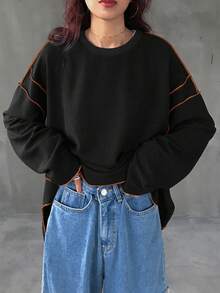 FRIFUL 女式撞色镶边圆领长袖T恤，适合秋冬季 - 黑色 - 查看 4