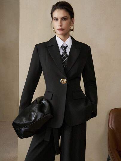 Aveloria 女式涤纶束腰金属纽扣V领通勤西装外套