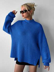 EURMUSE Women Solid Color Stand Collar Front Short Back Long Casual Long Sleeve Knit Sweater - Dusty Blue - View 4