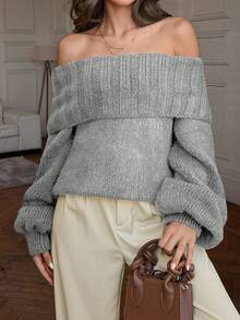 EURMUSE Elegant Off Shoulder Neck Line Rib Knit Balloon Sleeve Oversize Cozy Pullover For Winter - Grey - View 4