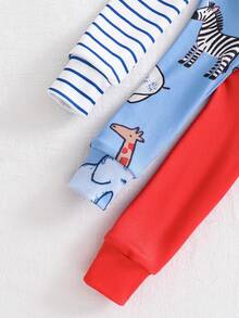 3件套男童可爱卡通条纹印花舒适长袖T恤和长裤睡衣套装 - 彩色 - 查看 4