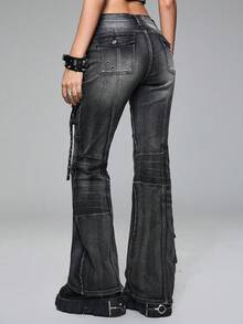 ROMWE Grunge Punk Spring/Summer Black Distressed Punk Metal Rivet Super Low Waist Flare Jeans - Grey - View 5