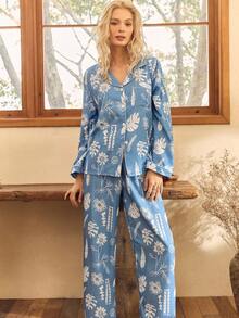 Lullawish Bohemisches Blume Muster Bubble Crinkle Top & Hose Damen Pyjama Set, Winterkleidung