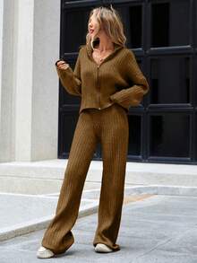SHEIN Cottnline 2pcs Women Solid Color Zipper Cardigan And Pants Knit Suit Set - Camel - View 3