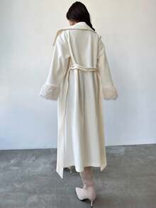 Firerie 女士优雅简约基本款休闲时尚办公室通勤卡其色长款宽松夹克，带毛领和袖口，秋冬，优雅，商务休闲，驼色，长袖 - 杏色 - 查看 10