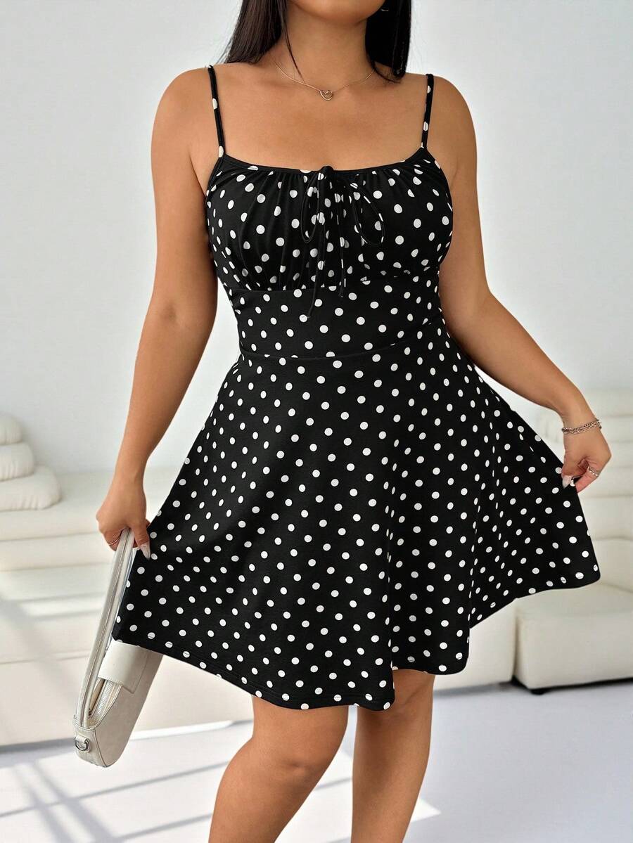 Solflare 大码黑白圆点印花吊带连衣裙 - 黑與白 - 查看 1