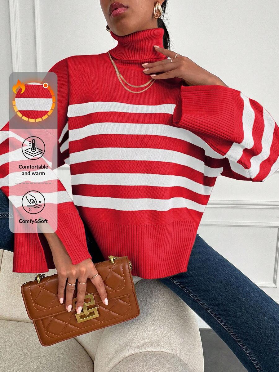 SHEIN Cottnline Striped Pattern Turtleneck Drop Shoulder Split Cuff Sweater - Red - View 1