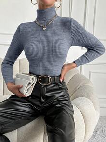 SHEIN Cottnline سترة محبوكة بأكمام طويلة ورقبة عالية للنساء - فضي - مشاهدة 6