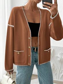 EURMUSE Women Solid Color Deep V-Neck Handmade Stitch Detailed Cardigan - Brown - View 5