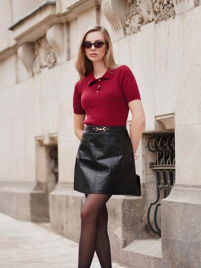 ORNATELLA Trang phục nghỉ lễ Tết Nguyên Đán cổ polo tay ngắn dệt kim màu trơn thanh lịch, thích hợp cho ngày lễ tình nhân