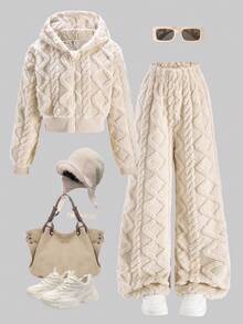 Girls Casual Diamond Pattern Reversible Fleece Hooded Zip-Up Jacket And Simple Fleece Pants 2 Pieces Set, Autumn/Winter