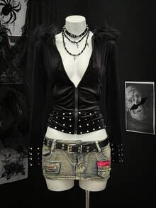 SHEIN PETITE Áo nỉ nữ thời trang trang trí kim loại - màu đen - Xem 4