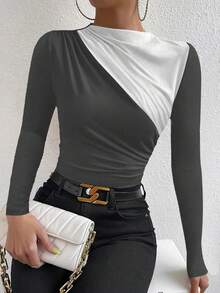 Zolique 女式撞色褶饰长袖修身紧身衣 - 灰色 - 查看 1