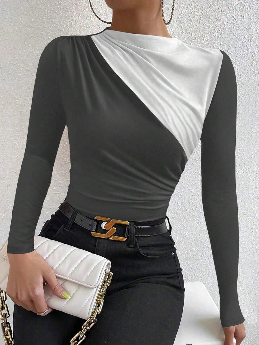Zolique 女式撞色褶饰长袖修身紧身衣 - 灰色 - 查看 1