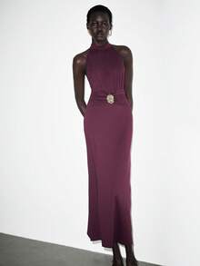 Lumivelle Women's Elegant Party Dress, Solid Color Halter Waist Ruched Decor Button Design, Red, New Year - Burgundy - View 5