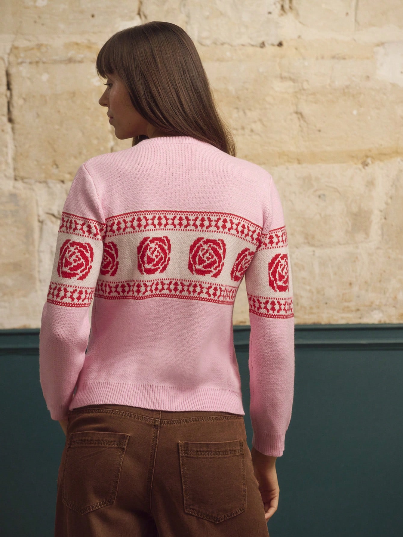 Pink Cosy Jumper With Red Floral Pattern Vintage Cute Winter Knitwear New Year Office Spring Summer
