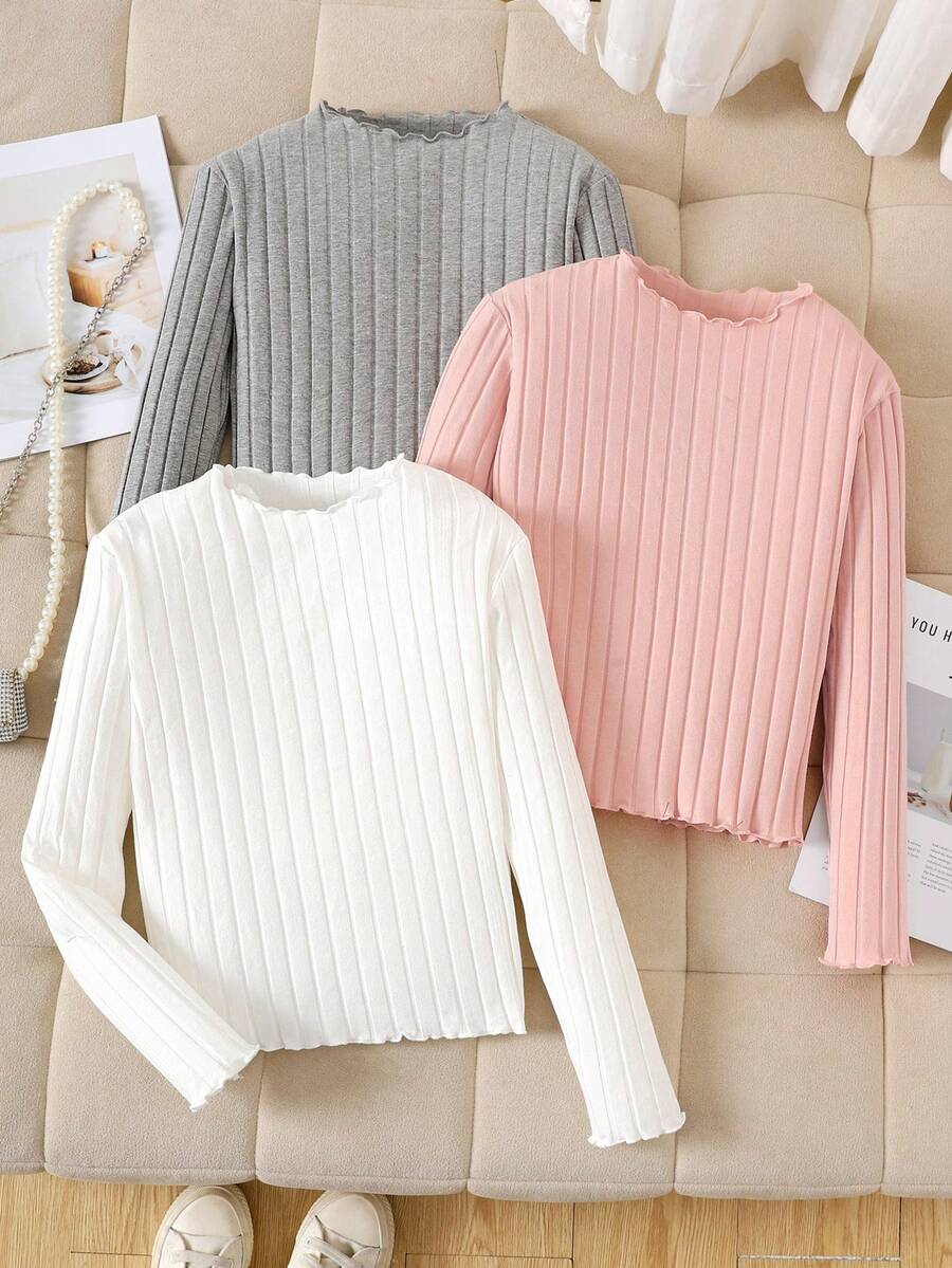 SHEIN 青少年女孩 3 件套休闲百搭纯色罗纹生菜边立领 T 恤 - 彩色 - 查看 1