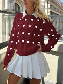 EURMUSE Heart Embroidery Textured Knit Crewneck Pullover - Rose Red - View 3