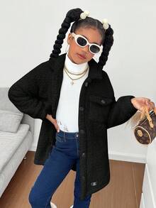 SHEIN Tween Girl Thermal Lined Lapel Pocket Button Front Mid-Length Coat, Autumn/Winter Girls Sherpa Coat Black Black Jacket Teen Girl Black Tween Girl Jacket Fall Coat For Tween Girls Long Cardigan For Girls
